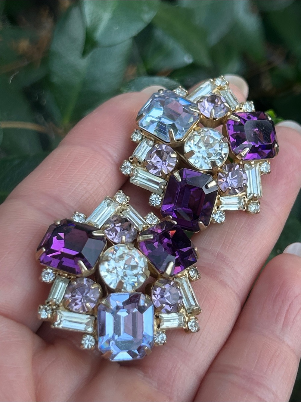 Hobé Purple Light Blue Clear Glass Cluster Clip-On Earrings